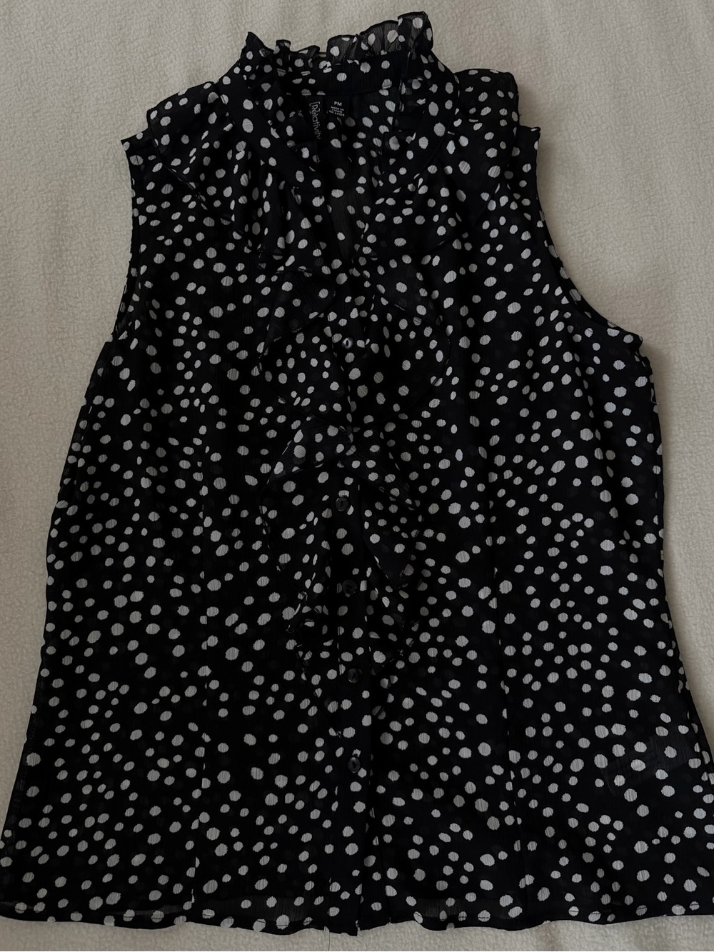 Relativity Black White Polka Dot Ruffle Mock Neck Sleeveless Blouse Size PM